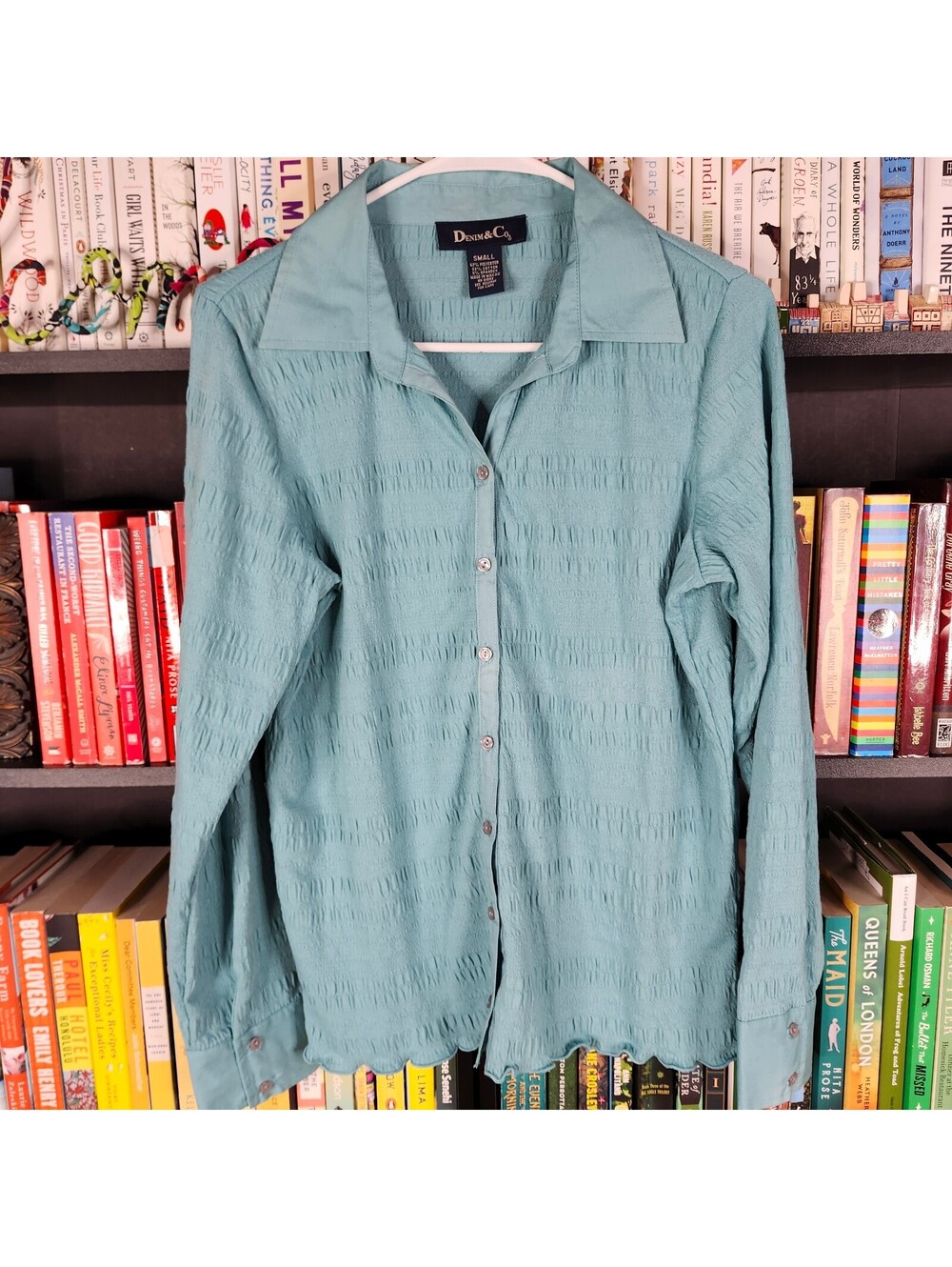 Denim & Co Textured Button Front Blouse Teal Long Sleeve Stretch Shirt Small